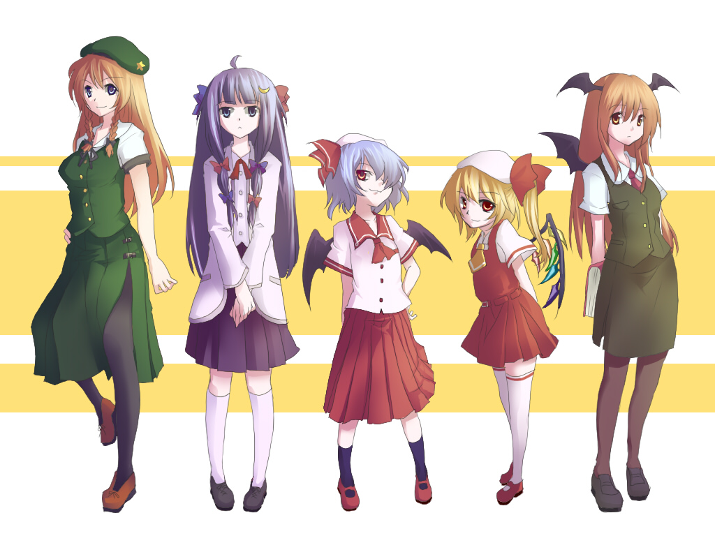myaaco, flandre scarlet, hong meiling, koakuma, patchouli knowledge, remilia scarlet, embodiment of scarlet devil, touhou, black legwear, white legwear, 5girls, alternate costume, arms behind back, book, contemporary, female focus, full body, mary janes, multiple girls, pantyhose, school uniform, shoes, skirt, white background