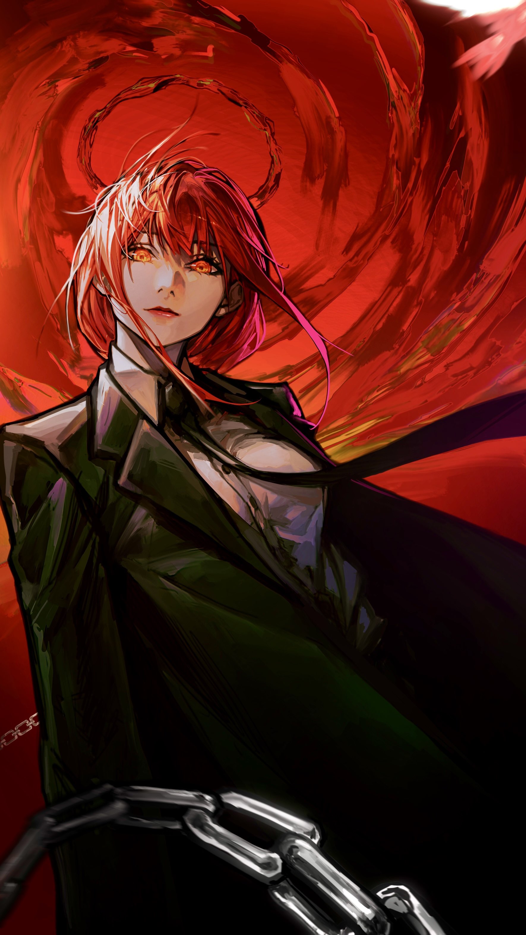 deka yo, makima (chainsaw man), chainsaw man, absurdres, highres, revision, 1girl, black coat, black necktie, chain, closed mouth, coat, halo, looking at viewer, necktie, red background, red hair, red halo, red lips, ringed eyes, shirt, solo, white shirt, yellow eyes