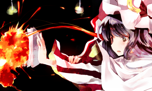 prino hawell, patchouli knowledge, touhou, 1girl, black background, book, crescent hat ornament, female focus, fire, hat, hat ornament, purple eyes, purple hair, solo