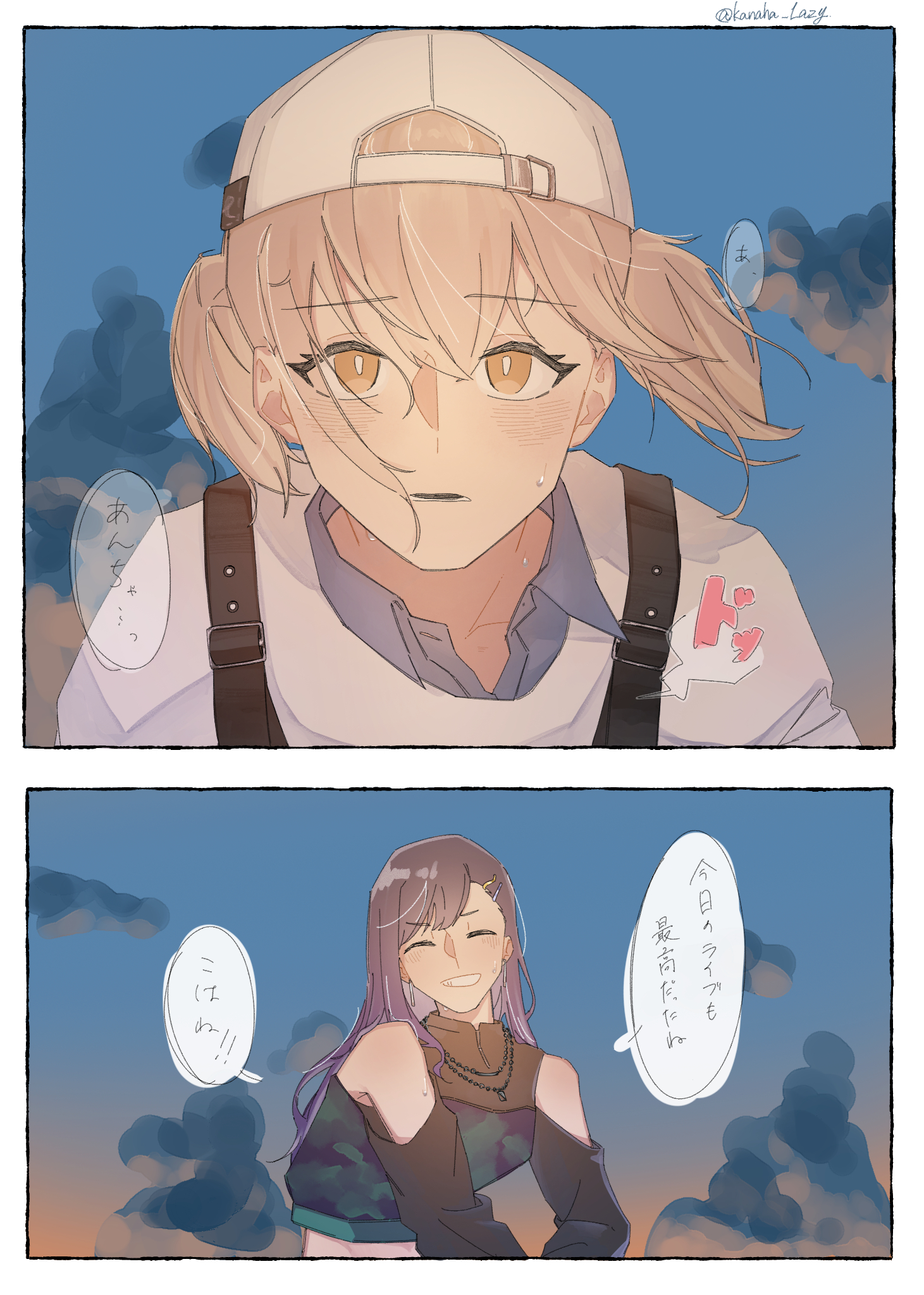 kanaha lazy, azusawa kohane, shiraishi an, project sekai, commentary request, highres, translation request, 2girls, blonde hair, blush, brown eyes, closed eyes, clothing cutout, earrings, hair ornament, hairclip, hat, jewelry, multiple girls, open mouth, short twintails, shoulder cutout, sweat, twintails, white hat