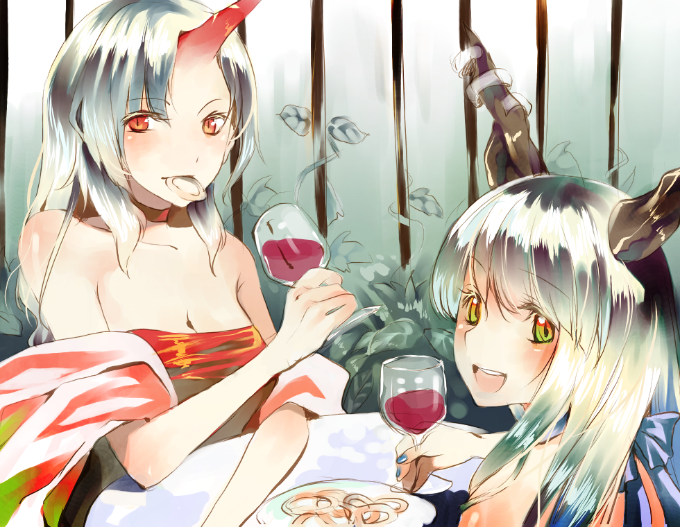 prino hawell, hoshiguma yuugi, ibuki suika, touhou, 2girls, alcohol, blue nails, breasts, cleavage, cup, drinking glass, female focus, from above, horns, medium breasts, mouth hold, multicolored hair, multiple girls, nail polish, onion, onion rings, red eyes, single horn, wine, wine glass