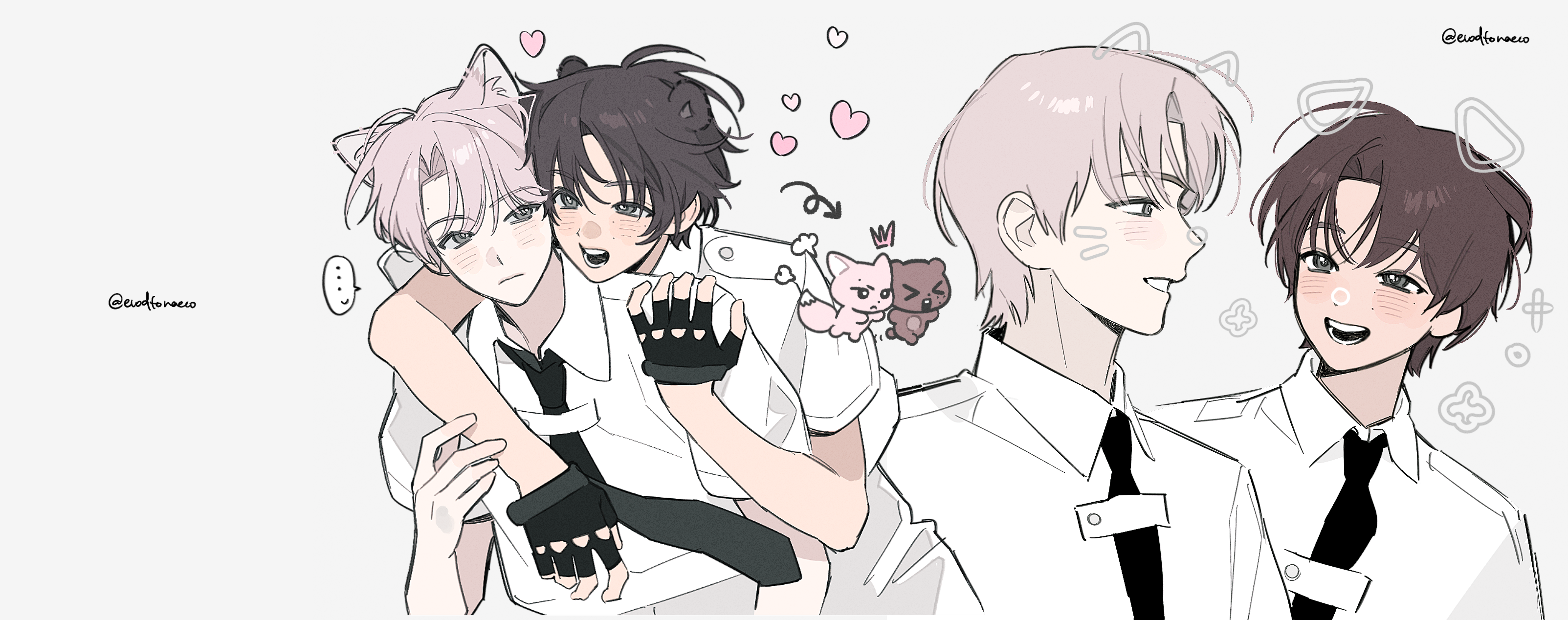 original, absurdres, highres, …, 2boys, animal ears, black gloves, black necktie, blush, brown hair, cat ears, closed mouth, collared shirt, evodtonaeco, fingerless gloves, gloves, grey background, heart, hug, hug from behind, looking at another, male focus, multiple boys, necktie, open mouth, parted bangs, pink hair, shirt, short hair, short sleeves, simple background, smile, upper body, white shirt, yaoi