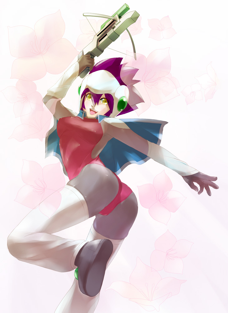 majoora, henaro, druaga no tou, ass, bodysuit, boots, bow (weapon), cape, crossbow, elbow gloves, gloves, headgear, helmet, purple hair, short hair, solo, thighhighs, weapon, yellow eyes