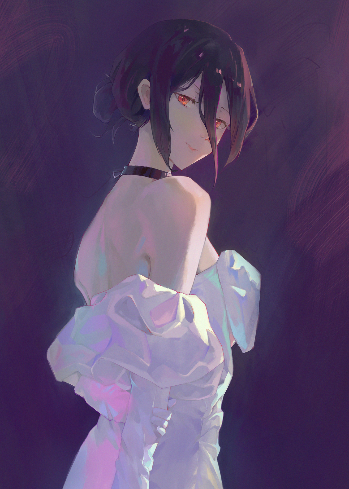 reze (chainsaw man), chainsaw man, highres, 1girl, alternate costume, black choker, breasts, choker, closed mouth, dress, hair between eyes, hair bun, hinata (wpvg8547), looking at viewer, off shoulder, purple background, purple hair, red eyes, small breasts, solo, white dress
