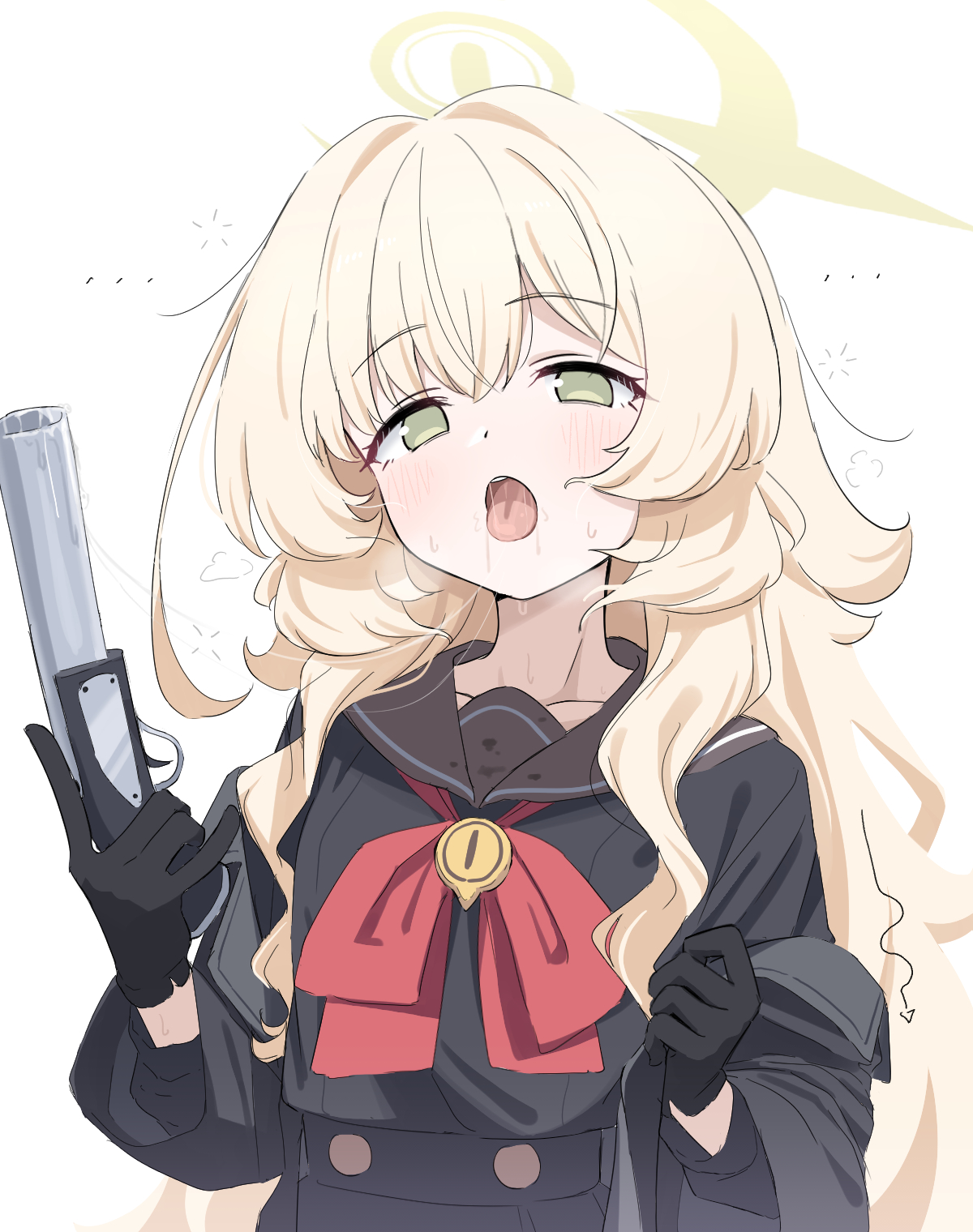 donutman, professor niyaniya (blue archive), blue archive, fluffy hair, highres, 1girl, arm up, black coat, black gloves, black sailor collar, black serafuku, blonde hair, bow, bowtie, coat, collarbone, drooling, fluff, gloves, gun, halo, holding, holding gun, holding weapon, long hair, looking at viewer, open mouth, red bow, removing coat, sailor collar, saliva, school uniform, serafuku, simple background, solo, spoken sound effect, sweatdrop, tongue, tongue out, weapon, white background, yellow halo