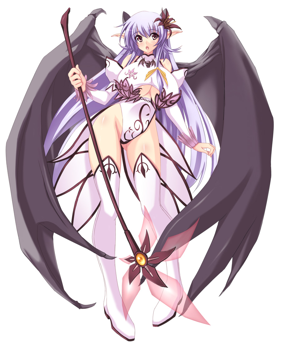 nanakorobi yaoki, character request, 1girl, :o, boots, breasts, demon girl, detached sleeves, female focus, flower, hair flower, hair ornament, horns, huge breasts, leotard, long hair, pointy ears, purple eyes, purple hair, solo, staff, thigh boots, thighhighs, underboob, wings