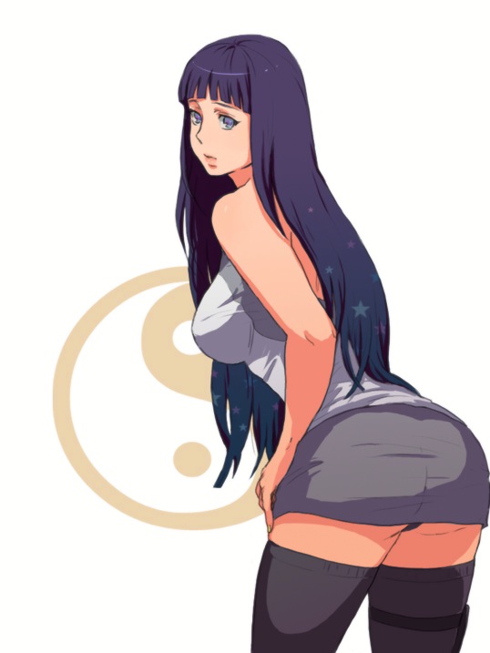 ishizaki miwako, hyuuga hinata, naruto (classic), naruto (series), 1girl, aged up, ass, black thighhighs, blue eyes, blue hair, breasts, female focus, large breasts, leaning forward, long hair, looking back, matching hair/eyes, miniskirt, panties, pantyshot, pencil skirt, skirt, solo, star (symbol), thigh strap, thighhighs, underwear, upskirt, yin yang
