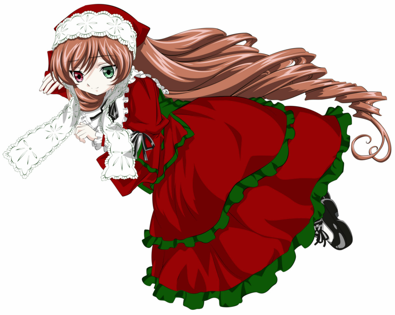 suiseiseki, rozen maiden, non-web source, 00s, alternate color, brown hair, dress, drill hair, heterochromia, long hair, solo