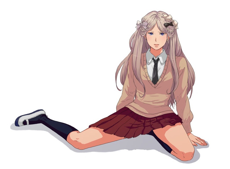 ishizaki miwako, belarus (hetalia), axis powers hetalia, light brown hair, 00s, 1girl, black socks, blonde hair, blue eyes, braid, female focus, full body, hair ornament, hair ribbon, kneehighs, long hair, miniskirt, necktie, pleated skirt, ribbon, school uniform, shoes, simple background, sitting, skirt, socks, solo, sweater, uwabaki