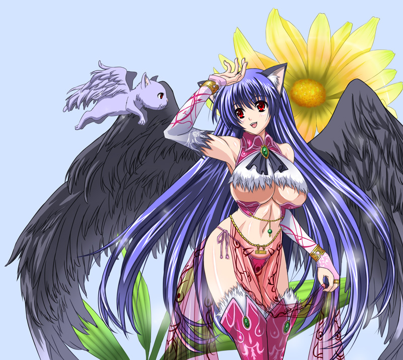 nanakorobi yaoki, original, 1girl, animal ears, black wings, blue hair, boots, bracelet, breasts, bridal gauntlets, cat, cat ears, female focus, flower, flying, huge breasts, jewelry, long hair, panties, red eyes, solo, sunflower, thigh boots, thighhighs, thong, underboob, underwear, very long hair, wings
