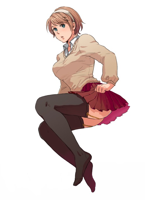 ishizaki miwako, ukraine (hetalia), axis powers hetalia, light brown hair, 00s, 1girl, ass, black thighhighs, blue eyes, breasts, brown hair, feet, female focus, full body, garter belt, garter straps, hair ornament, hairclip, headband, legs, miniskirt, no shoes, pleated skirt, school uniform, short hair, simple background, skirt, solo, sweater, sweater vest, thighhighs, vest