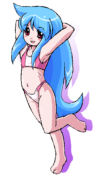 nanashi mushi, bad id, bad pixiv id, 1girl, barefoot, bikini, blue hair, female focus, flat chest, long hair, oekaki, red eyes, solo, swimsuit