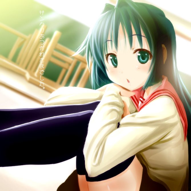 futari no ana, wadapen, minase nayuki, kanon, translation request, 1girl, :o, black thighhighs, female focus, green eyes, green hair, long hair, looking at viewer, matching hair/eyes, open mouth, solo, text focus, thighhighs