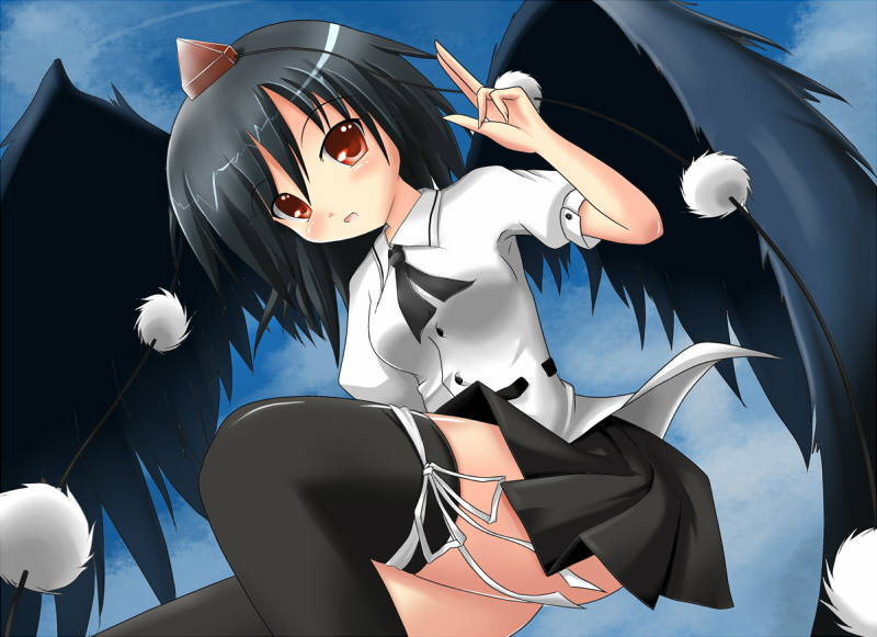 kaminari gin, kannarigin (pixiv), shameimaru aya, touhou, bad id, bad pixiv id, 1girl, black hair, black wings, blush, female focus, hat, looking at viewer, outdoors, red eyes, short hair, sky, solo, thighhighs, tokin hat, wings, zettai ryouiki