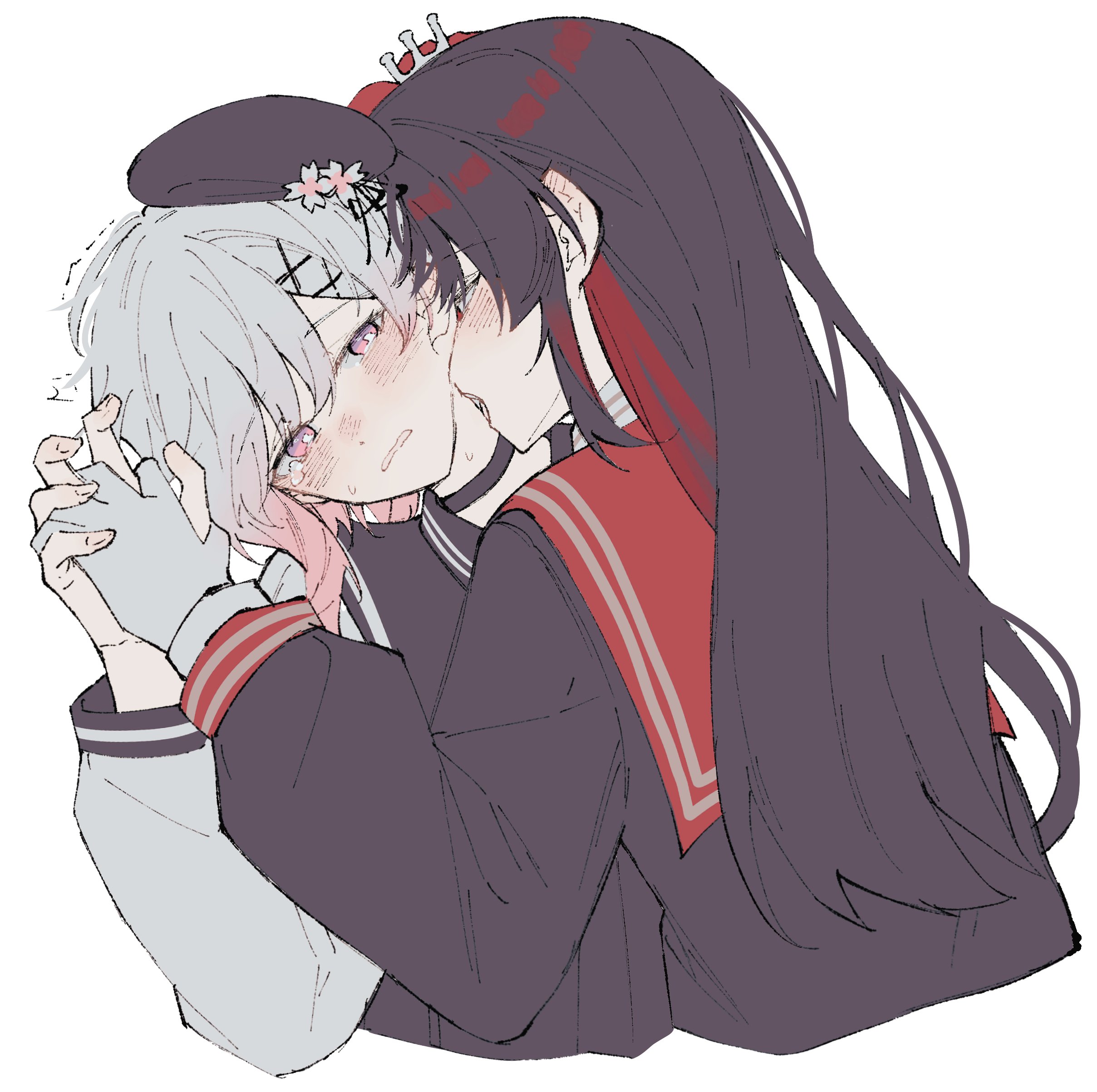ritzchrono, nikaido hiro, sakuraba ema, mahou shoujo no majo saiban, absurdres, commentary, highres, 2girls, biting, black choker, black hair, black hat, black shirt, blush, choker, ear blush, gloves, gradient hair, grey hair, hat, holding hands, interlocked fingers, multicolored hair, multiple girls, neck biting, parted lips, pink eyes, pink hair, red sash, red streaks, sash, shirt, simple background, tears, white background, white gloves, yuri