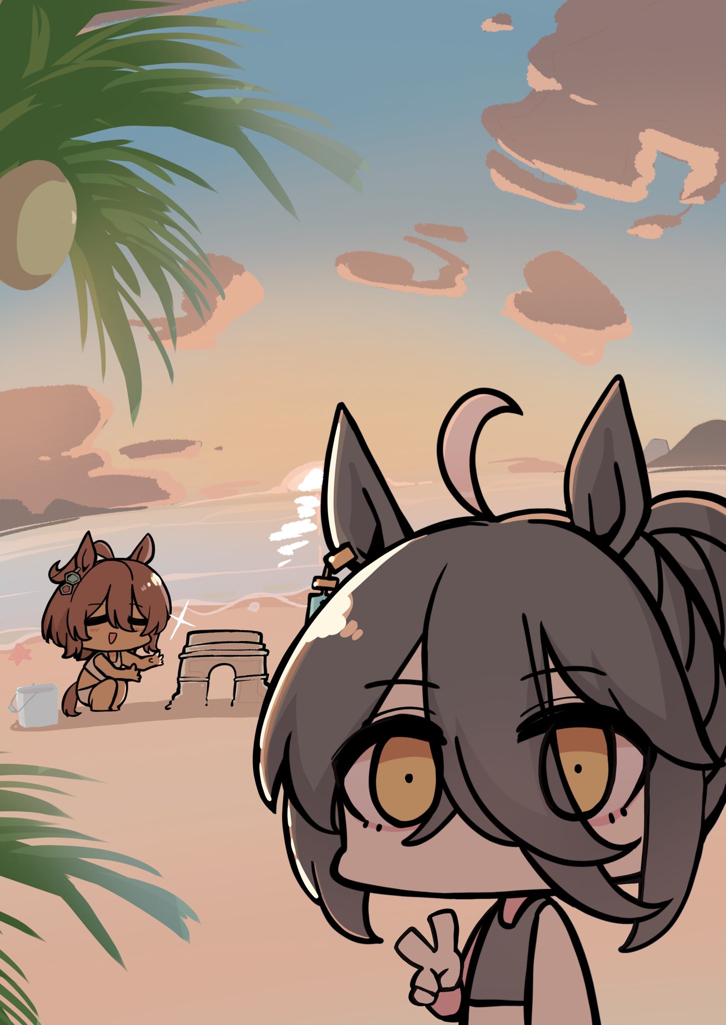 kawamochi (kawauti919), agnes tachyon (umamusume), manhattan cafe (umamusume), umamusume, commentary request, highres, 2girls, :>, ahoge, animal ears, bare arms, bare legs, bare shoulders, barefoot, beach, bikini, black bikini, black hair, blue sky, brown eyes, brown hair, bucket, chibi, closed eyes, cloud, coconut, coconut tree, hair between eyes, hair bun, horizon, horse ears, horse girl, horse tail, multicolored hair, multiple girls, ocean, outdoors, palm tree, parted lips, sand, sand sculpture, sky, squatting, starfish, sunset, swimsuit, tail, tree, triangle mouth, two-tone hair, v, water, white bikini, white hair
