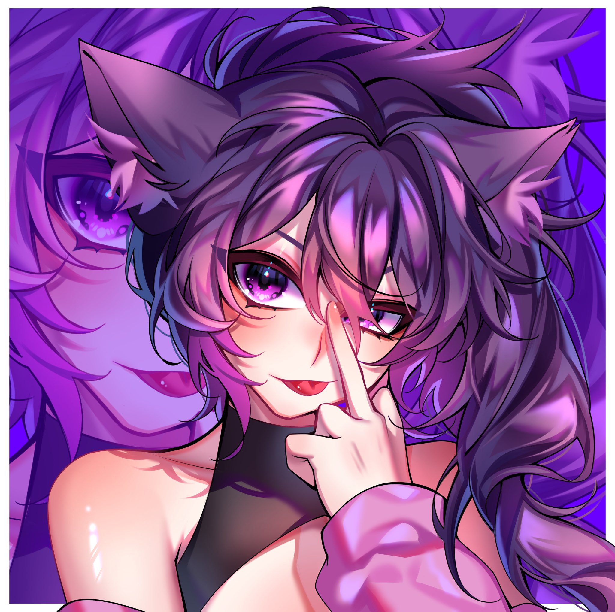 harisun studios, indie virtual youtuber, highres, 1girl, animal ear fluff, animal ears, borrowed character, cat ears, cat girl, cleavage cutout, clothing cutout, kat kings, long hair, long sleeves, looking at viewer, pink eyes, ponytail, purple hair, shiny skin, shirt, smile, solo, tongue, tongue out, turtleneck, virtual youtuber