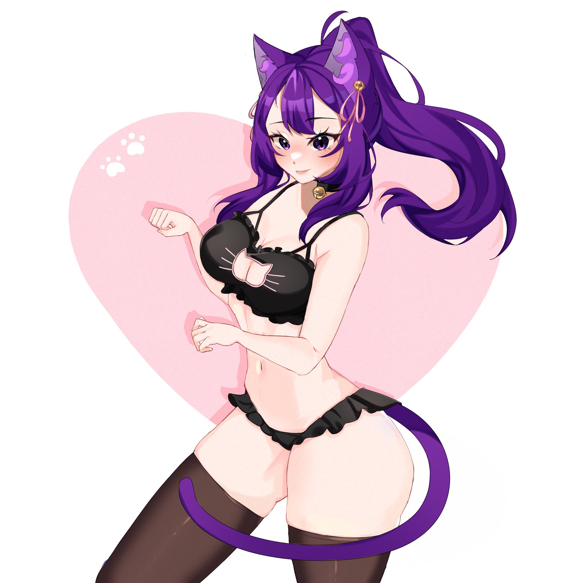 indie virtual youtuber, highres, 1girl, animal ear fluff, animal ears, bell, black bra, black panties, black thighhighs, borrowed character, bra, breasts, cat cutout, cat ears, cat girl, cat lingerie, cat tail, cleavage, cleavage cutout, clothing cutout, frilled bra, frilled panties, frills, heart, jingle bell, kat kings, large breasts, long hair, looking at viewer, navel, neck bell, nyan, panties, paw print, ponytail, purple hair, smile, solo, tail, thighhighs, underwear, virtual youtuber, white background, xchiila