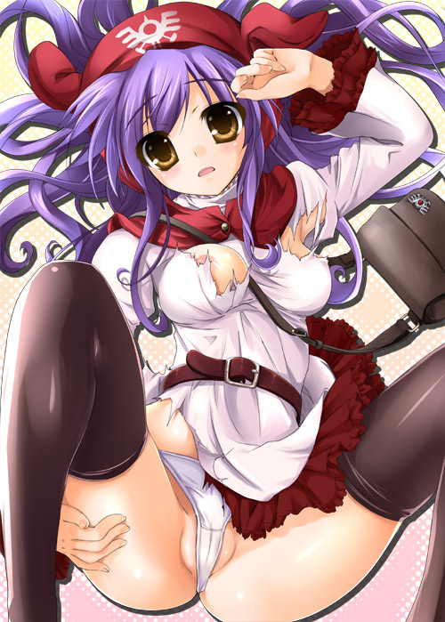 bankoku ayuya, princess of moonbrook, chunsoft, dragon quest, dragon quest ii, enix, 1980s (style), 1girl, belt, black thighhighs, blue hair, breasts, female focus, long hair, long sleeves, medium breasts, nipple slip, nipples, oldschool, panties, partially visible vulva, purple hair, solo, spread legs, thighhighs, torn clothes, underwear, white panties, yellow eyes