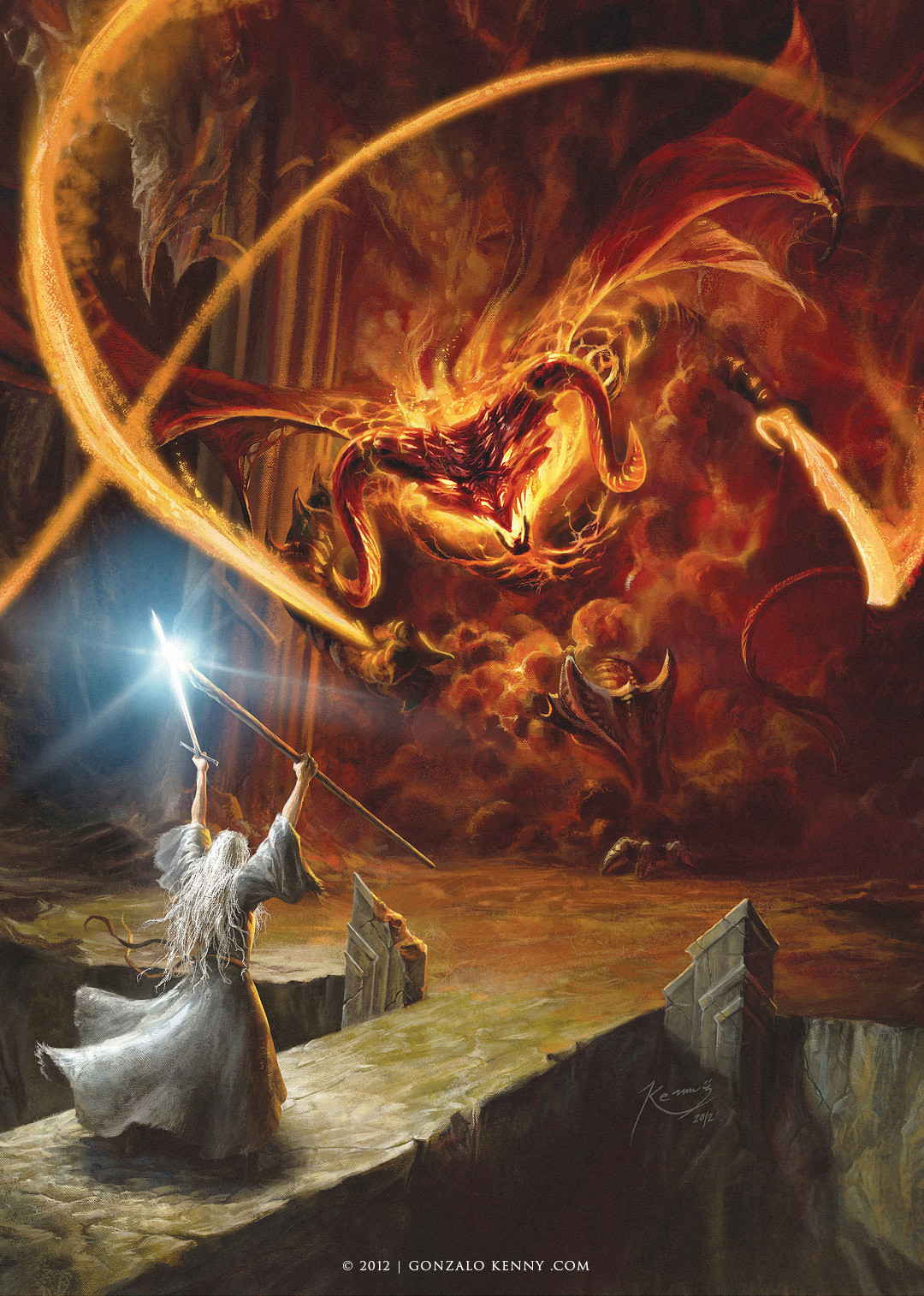 gonzalo kenny, gandalf, the lord of the rings, tolkien's legendarium, highres, balrog (tolkien), battle, beard, breath weapon, breathing fire, bridge, demon, demon horns, demon wings, energy sword, energy whip, facial hair, fighting stance, fire, fire body, holding, holding staff, holding sword, holding weapon, holding whip, horns, long beard, long hair, old, old man, spiked kneepads, staff, sword, very long beard, walking, weapon, whip, wings, wizard