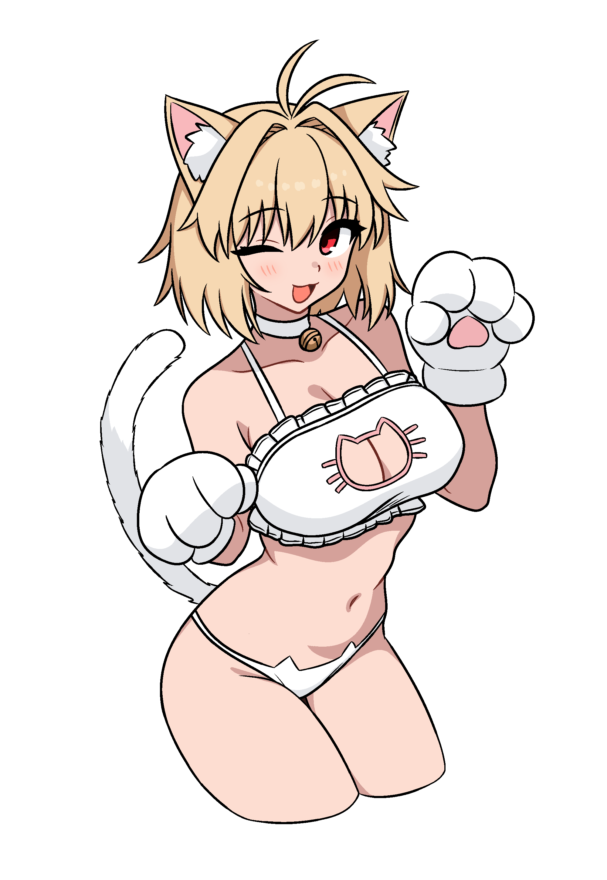 64vii, arcueid brunestud, tsukihime, tsukihime (remake), absurdres, highres, 1girl, :3, animal ear fluff, animal ears, animal hands, blonde hair, blush, bra, breasts, cat cutout, cat ears, cat lingerie, cat tail, cleavage cutout, clothing cutout, gloves, large breasts, looking at viewer, one eye closed, open mouth, panties, paw gloves, red eyes, short hair, smile, solo, tail, thighs, underwear, underwear only, white bra, white panties