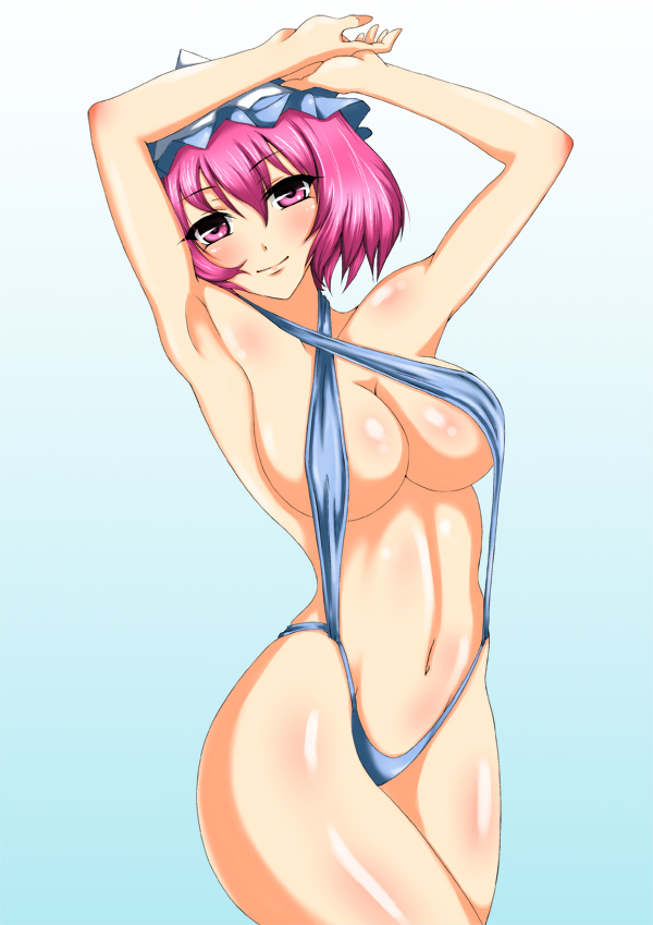 iwamoto eiri, saigyouji yuyuko, touhou, bad id, bad pixiv id, 1girl, armpits, arms up, breasts, cleavage, curvy, female focus, gradient background, hat, large breasts, pink eyes, pink hair, pretzel bikini, short hair, slingshot swimsuit, solo, swimsuit