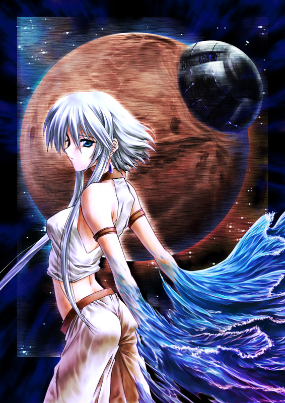 morino kiriko, original, silver hair, tagme, planet, sleeveless, solo