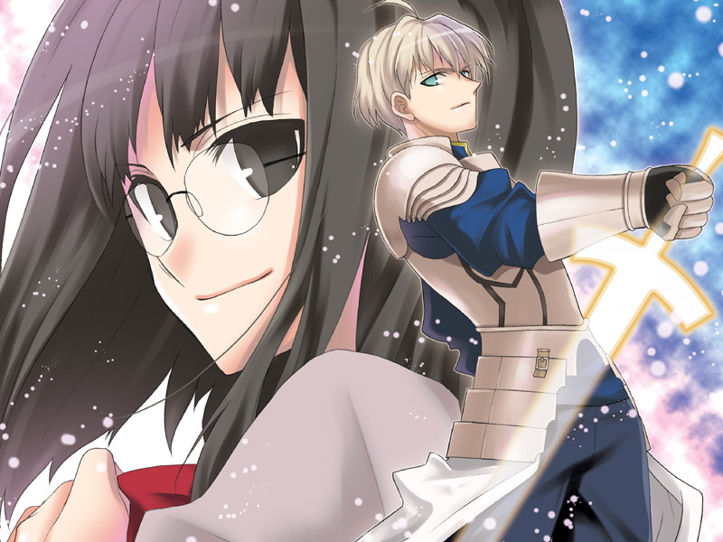 nina (pastime), archetype saber, arthur pendragon (fate), sajou ayaka (fate/prototype), saver (fate/prototype), fate/prototype, fate/stay night, fate (series), 00s, 1boy, 1girl, ayaka sayjou, black eyes, black hair, blonde hair, glasses, green eyes, knight, prototype design