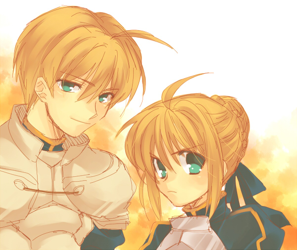 archetype saber, arthur pendragon (fate), artoria pendragon (fate), saber (fate), saver (fate/prototype), fate/prototype, fate/stay night, fate (series), bad id, bad pixiv id, gender request, 00s, 1boy, 1girl, ahoge, armor, blonde hair, dual persona, genderswap, green eyes, hair ribbon, prototype design, ribbon