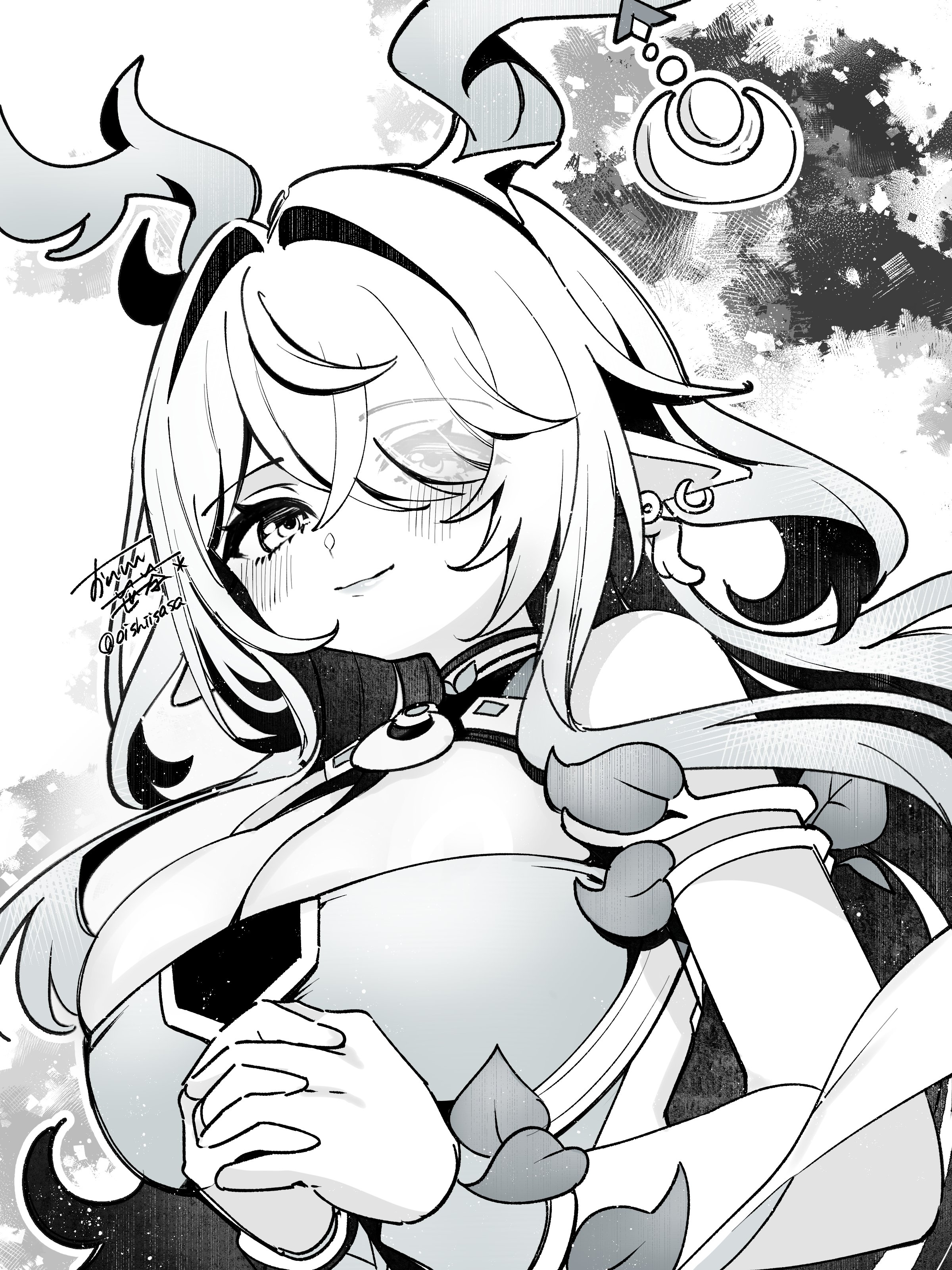 oishii sasa, lauma (genshin impact), genshin impact, absurdres, commentary request, highres, 1girl, antler ornament, antlers, bare shoulders, blush, breasts, cleavage, closed mouth, deer antlers, eyes visible through hair, greyscale, hair over one eye, horns, large breasts, long hair, looking at viewer, monochrome, own hands clasped, own hands together, pointy ears, signature, smile, solo, twitter username, upper body, very long hair