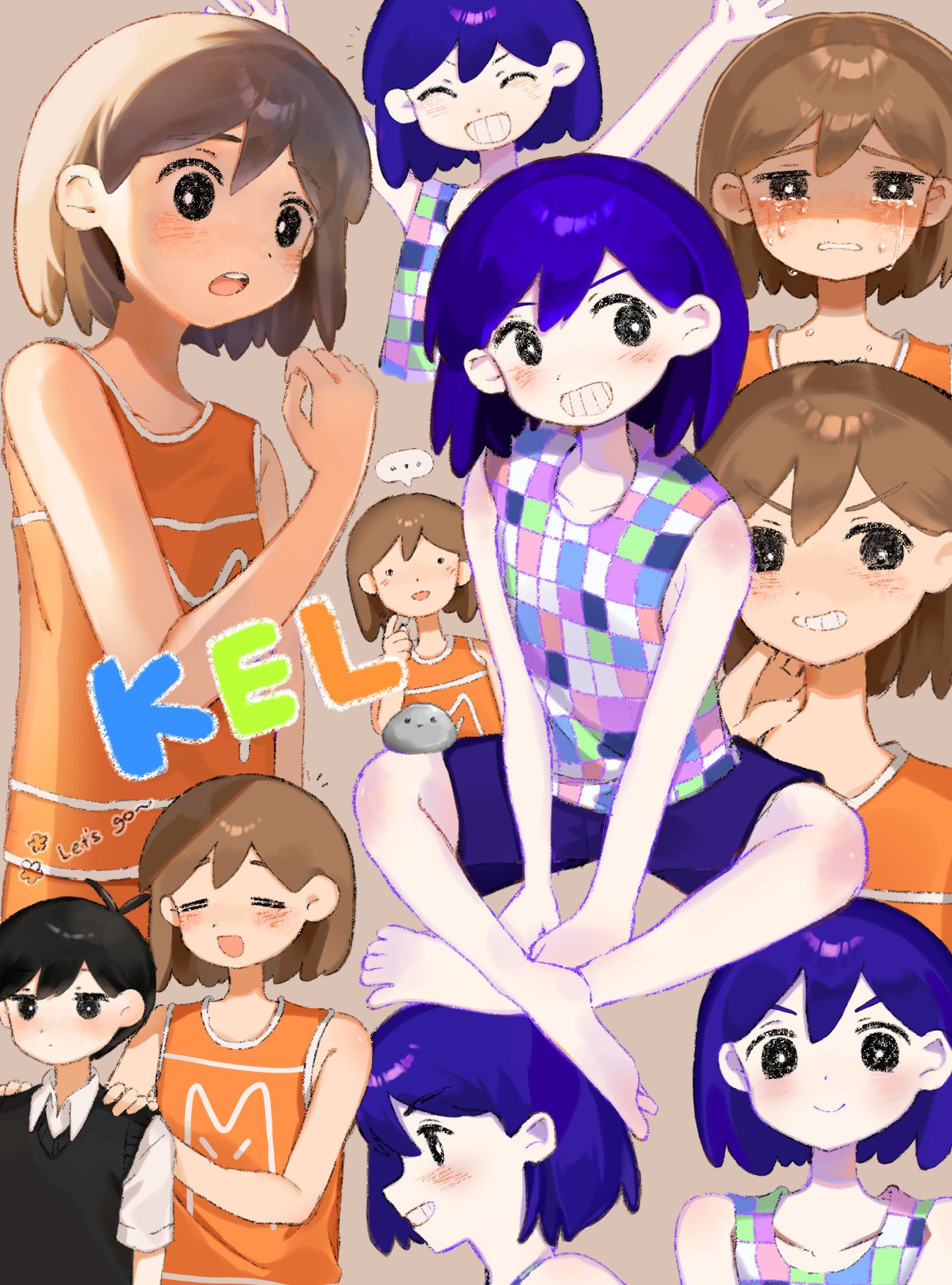 hato popo 37, hector (omori), kel (faraway) (omori), kel (headspace) (omori), kel (omori), sunny (omori), omori, highres, …, 3boys, = =, alternate eye color, antenna hair, barefoot, black eyes, black hair, black sweater vest, bright pupils, brown hair, character name, checkered clothes, closed eyes, closed mouth, collarbone, collared shirt, colored skin, crying, crying with eyes open, dark-skinned male, dark skin, double-parted bangs, dual persona, grin, hands on another's shoulders, looking at another, male focus, multiple boys, open mouth, pet rock, purple hair, purple shorts, shirt, short hair, short sleeves, shorts, smile, speech bubble, spoken ellipsis, sweater vest, tank top, tears, teeth, upper teeth only, white pupils, white shirt, white skin