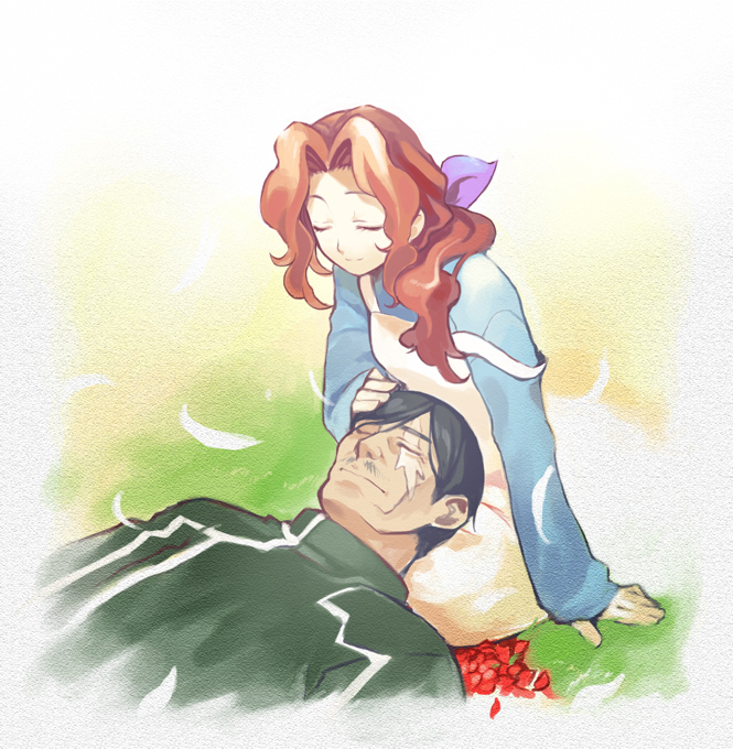 shigehiro (hiroi heya), holly smirnov, sergei smirnov, gundam, gundam 00, 00s, 1boy, 1girl, black hair, brown hair, closed eyes, dress, jacket, lap pillow, long hair, long sleeves, military, military uniform, open clothes, open jacket, petals, sitting, yellow dress