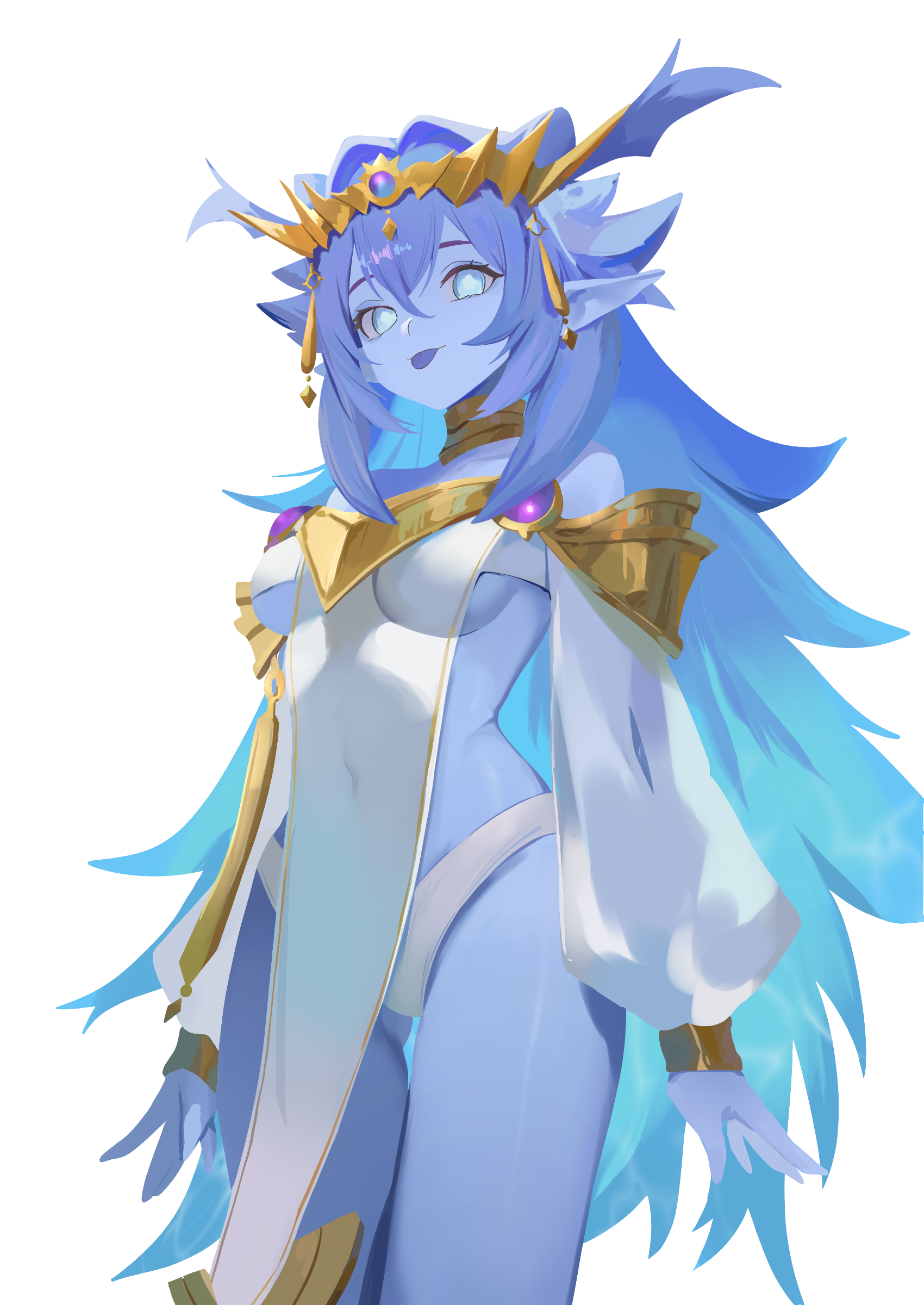 nbee ya, dominus impulse, yu-gi-oh!, absurdres, highres, 1girl, bare shoulders, blue eyes, blue hair, blue skin, blue sky, breasts, card game, colored skin, detached sleeves, duel monster, gradient hair, long hair, long sleeves, medium breasts, multicolored hair, panties, pointy ears, puffy long sleeves, puffy sleeves, sideboob, sky, solo, tongue, tongue out, underwear, white panties
