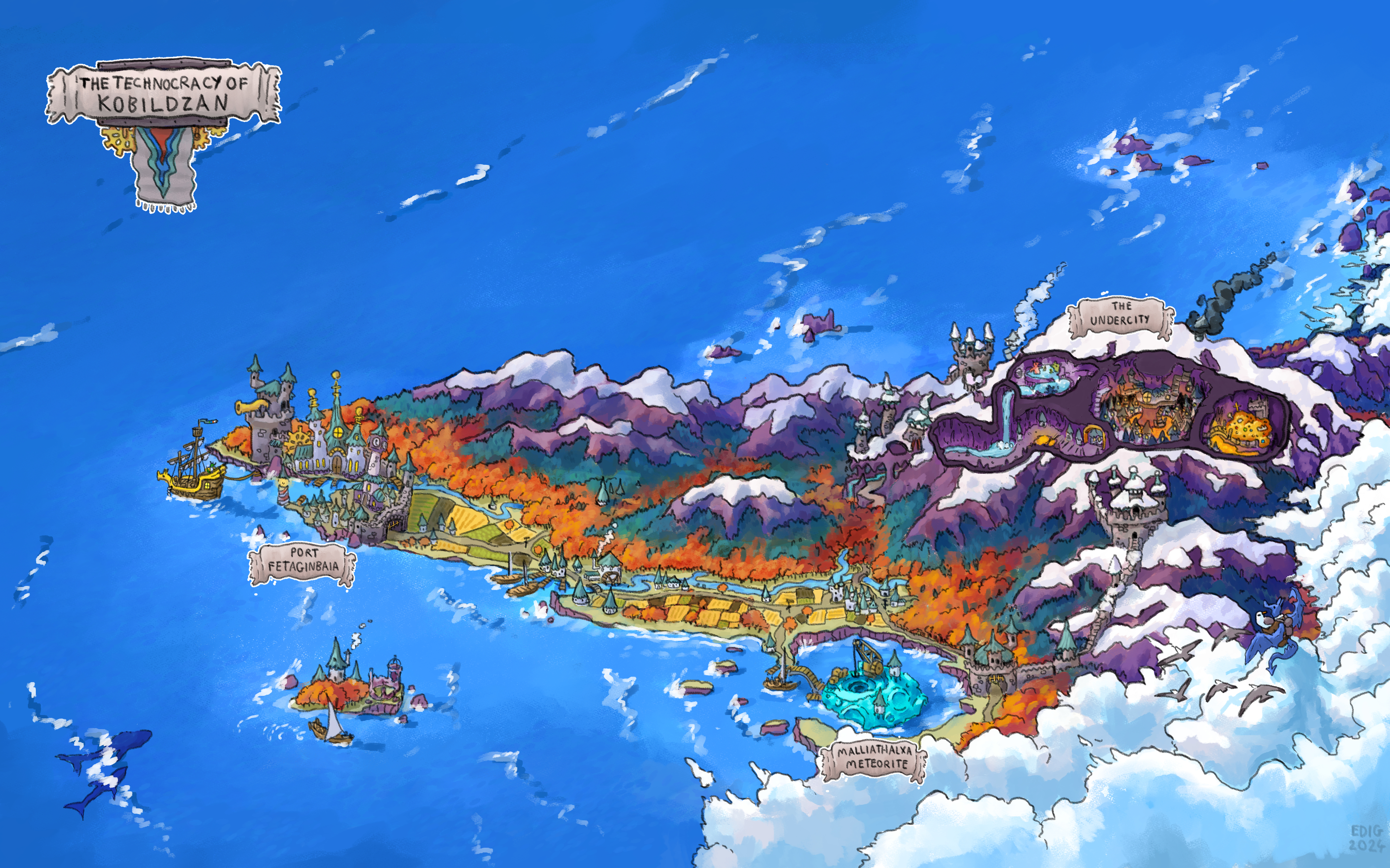 meteorite, absurdres, commentary, english commentary, highres, anbennar, backpack, bag, banner, bird, boat, bridge, cannon, cave, cloud, crane (machine), cross-section, english text, ewardyne, fantasy, island, kobold, landscape, lighthouse, map (medium), mountain, multiple others, on cloud, sailboat, sailing ship, seagull, treasure, tree, watercraft, whale, wings