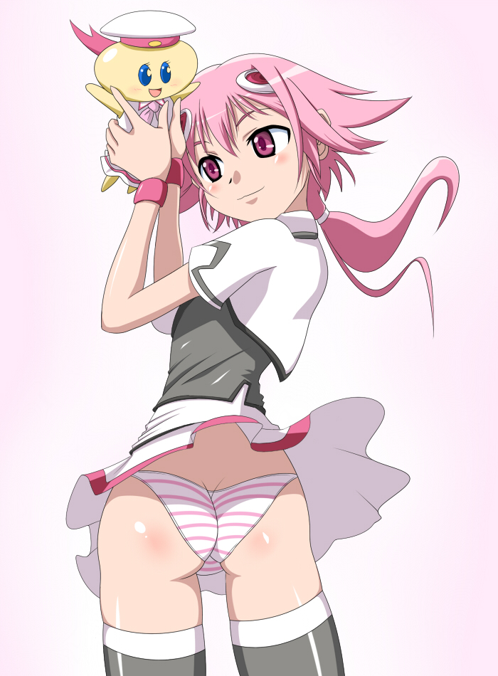 non (number), shishidou akiha, sora wo kakeru shoujo, 00s, 1girl, ass, butt crack, female focus, long hair, panties, pantyshot, pink eyes, pink hair, skirt, solo, striped clothes, striped panties, thighhighs, underwear