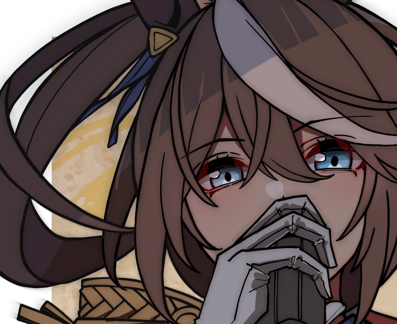 kawamochi (kawauti919), tokai teio (umamusume), umamusume, commentary request, 1girl, animal ears, blue eyes, brown hair, epaulettes, gloves, hair between eyes, holding, holding microphone, horse ears, looking at viewer, microphone, multicolored hair, ponytail, single epaulette, solo, streaked hair, white gloves, white hair