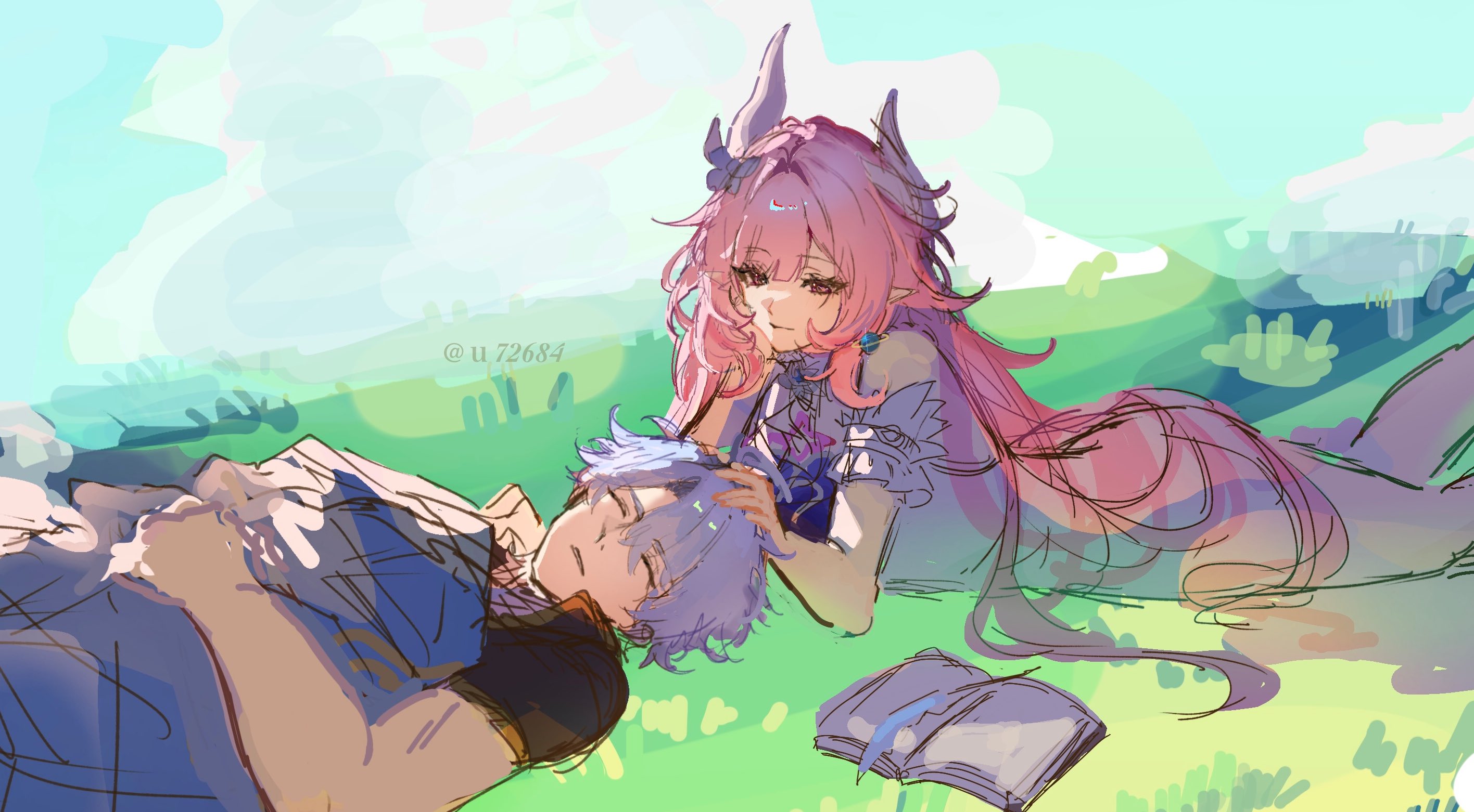 u72684, cyrene (honkai: star rail), cyrene (ripples of past reverie) (honkai: star rail), phainon (honkai: star rail), honkai: star rail, honkai (series), hashtag-only commentary, highres, 1boy, 1girl, blue sky, book, dress, earrings, flower, hair flower, hair ornament, hand in another's hair, jewelry, long hair, lying, on grass, on stomach, open book, pink hair, pointy ears, short hair, sky, sleeping, smile, twitter username, very long hair, white dress, white hair