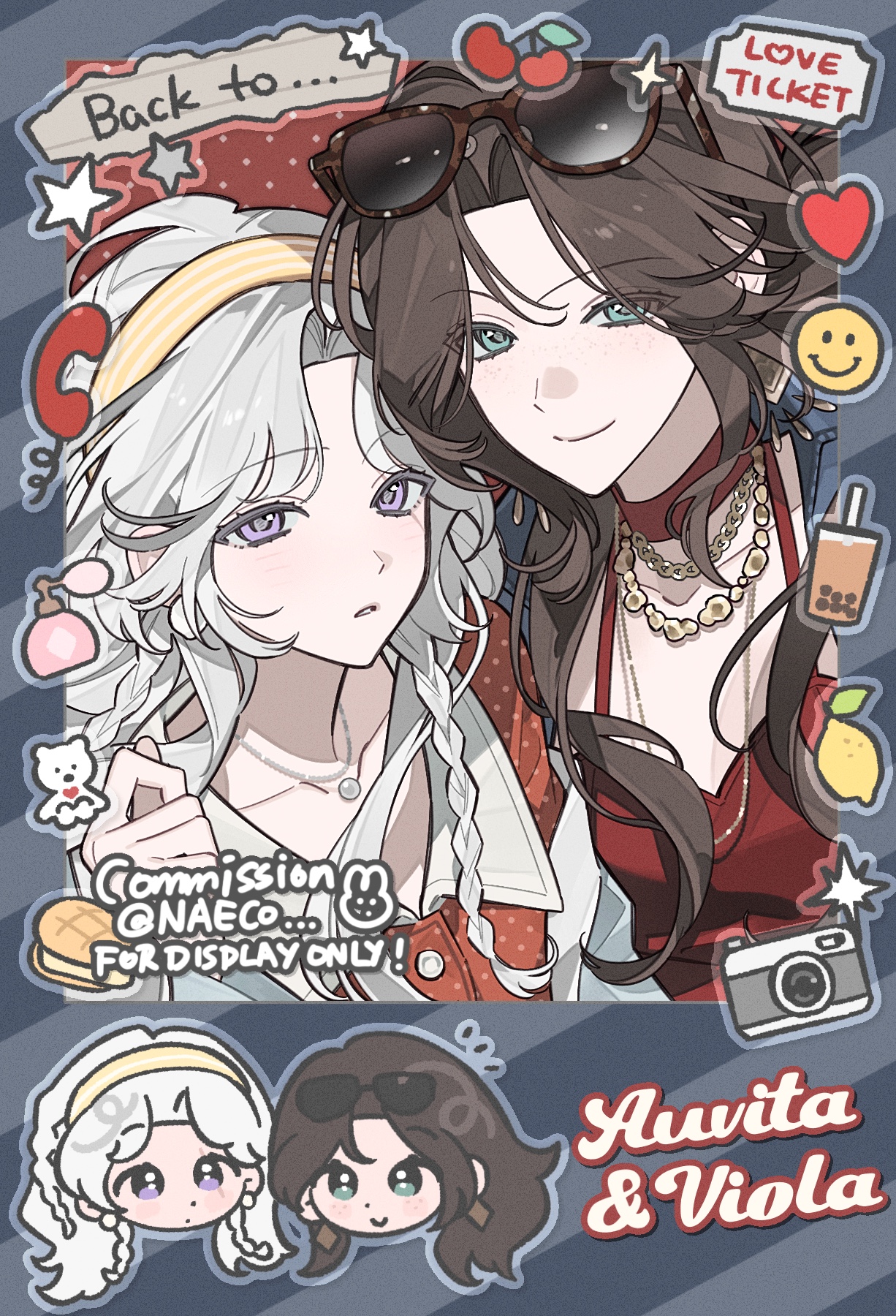 original, highres, 2girls, braid, breasts, brown hair, camera, chibi, chibi inset, choker, cleavage, dress, earrings, emoji, english text, evodtonaeco, eyewear on head, food, fruit, green eyes, hairband, heart, jacket, jewelry, long hair, looking at viewer, multiple girls, necklace, parted bangs, purple eyes, red dress, shirt, smile, star (symbol), striped background, sunglasses, white hair