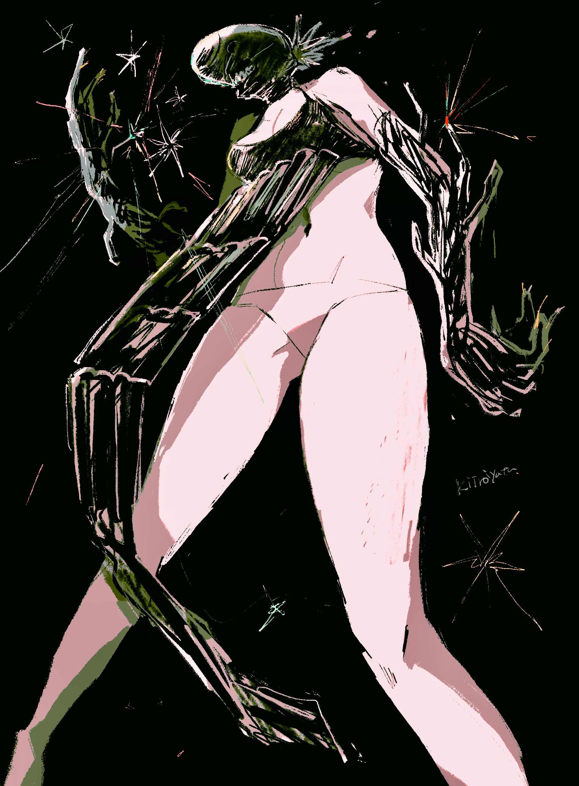 bomb devil (chainsaw man), chainsaw man, absurdres, highres, 1girl, apron, black apron, black background, black gloves, breasts, elbow gloves, from below, gloves, medium breasts, object head, panties, pokoppe, solo, underwear, white panties