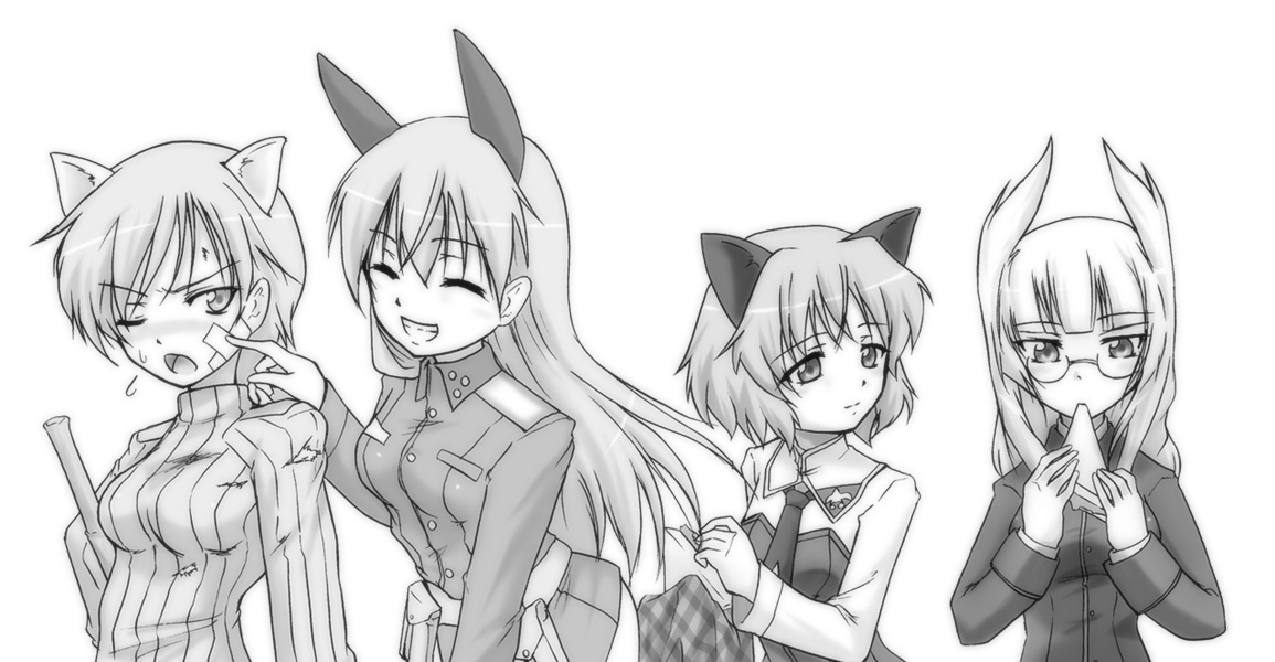 urutsu sahari, eila ilmatar juutilainen, heidimarie w. schnaufer, nikka edvardine katajainen, sanya v. litvyak, brave witches, strike witches, world witches series, uniform, 00s, 10s, 4girls, animal ears, eating, food, glasses, greyscale, monochrome, multiple girls, sandwich