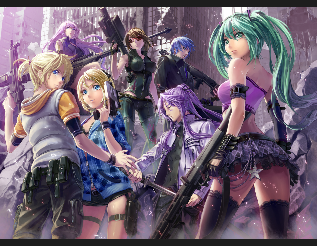 yahako, hatsune miku, kagamine len, kagamine rin, kaito (vocaloid), kamui gakupo, megurine luka, meiko (vocaloid), heckler & koch, vocaloid, plaid, 3boys, 4girls, anti-materiel rifle, bandeau, blonde hair, blue eyes, blue hair, bra, brown hair, chain, city, cityscape, epic, finger on trigger, from below, green eyes, green hair, gun, h&k mp5, handgun, holster, katana, left-handed, letterboxed, lingerie, long hair, machine gun, mg42, midriff, multiple boys, multiple girls, open clothes, open shirt, purple hair, rifle, rocket launcher, ruins, sheath, shirt, short hair, shotgun, siblings, sniper rifle, strapless, submachine gun, sunglasses, sword, thigh strap, thighhighs, trigger discipline, tube top, twins, twintails, underwear, unsheathing, weapon