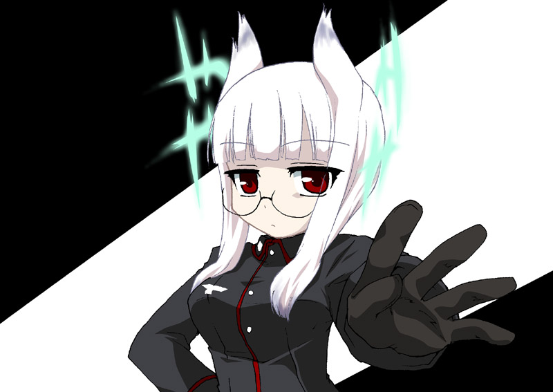 mukaibi aoi, heidimarie w. schnaufer, strike witches, world witches series, uniform, 00s, 1girl, animal ears, female focus, glasses, gloves, head wings, magic, red eyes, solo, white hair, wings