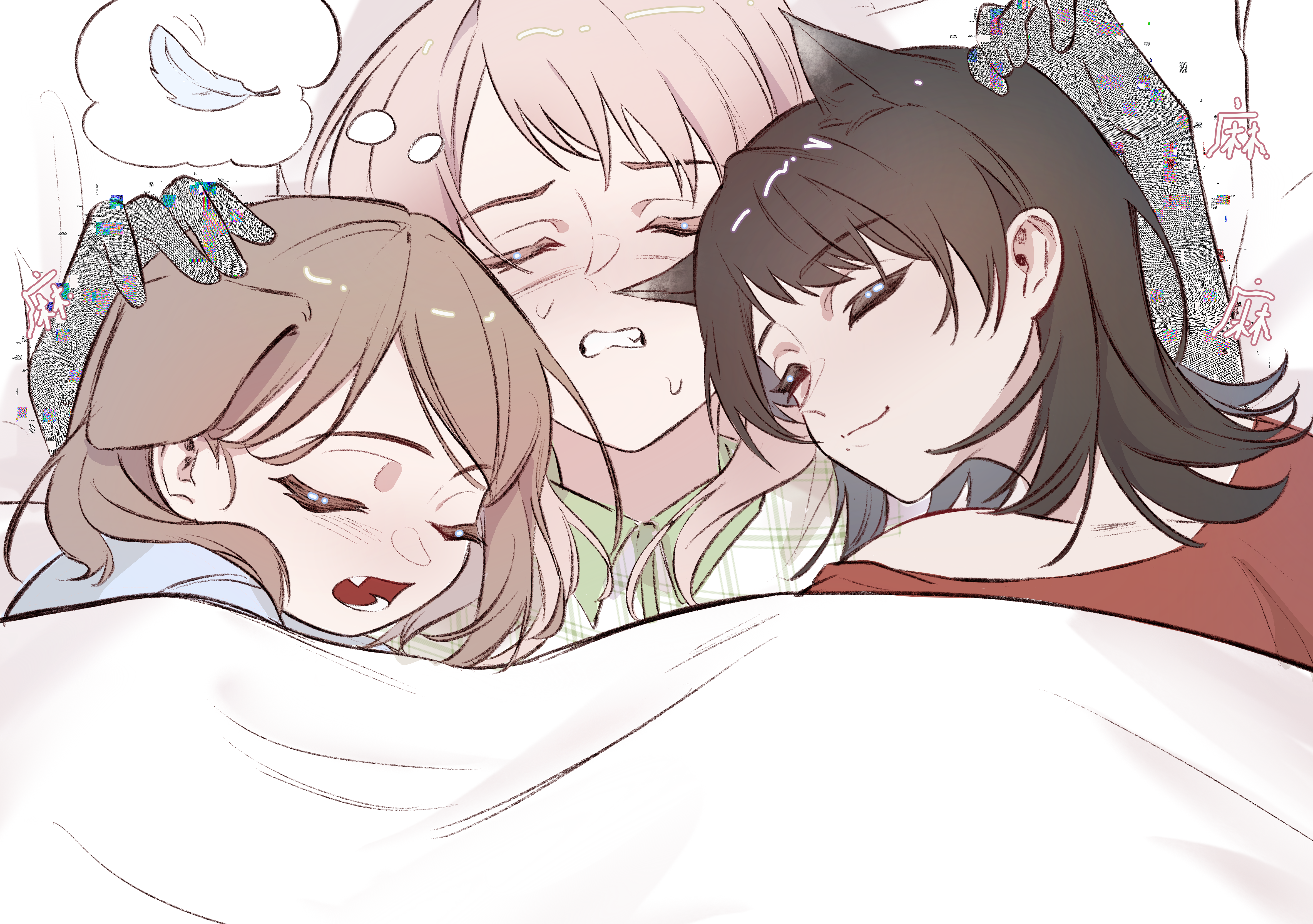 hero45439083942, chihaya anon, bang dream!, bang dream! it's mygo!!!!!, original, absurdres, chinese commentary, commentary request, highres, 3girls, animal ears, black hair, brown hair, chihaya sora, closed eyes, fang, kemonomimi mode, moire, multiple girls, open mouth, paresthesia, pink hair, science babies, shiina misuzu, under covers, wolf ears