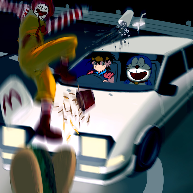 dai, kouno (masao), ae86, dai (dragon quest), doraemon (character), ronald mcdonald, doraemon, dragon quest, dragon quest dai no daibouken, initial d, mcdonald's, toyota, light, platform footwear, striped, bad id, bad pixiv id, 3boys, :d, ^ ^, boots, burger, car, circlet, closed eyes, clown, collar, crossover, cup, drink, drinking straw, driving, facepaint, food, french fries, guard rail, hitting, ice, ice cube, jumpsuit, light smile, male focus, motion blur, motor vehicle, multiple boys, multiple crossover, night, open mouth, outdoors, outstretched arms, parody, pocket, red hair, right-hand drive, road, satire, scar, short hair, shoulder pads, sleeveless, smile, spill, spread arms, toyota sprinter trueno, turtleneck, what, whiskers