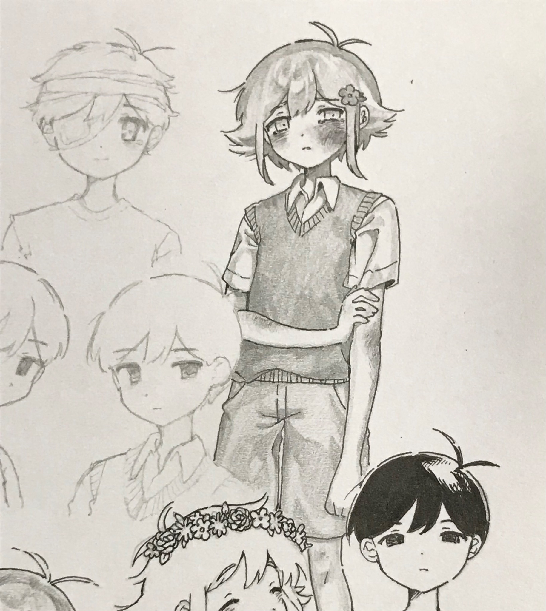 hato popo 37, basil (faraway) (omori), basil (headspace) (omori), basil (omori), omori (omori), sunny (omori), omori, highres, spoilers, traditional media, 4boys, antenna hair, blush, closed eyes, closed mouth, collared shirt, double-parted bangs, eyepatch, flower, flower wreath, greyscale, hair between eyes, hair flower, hair ornament, head wreath, hospital gown, looking at viewer, male focus, medical eyepatch, monochrome, multiple boys, shirt, short hair, short sleeves, shorts, sidelocks, sweater vest