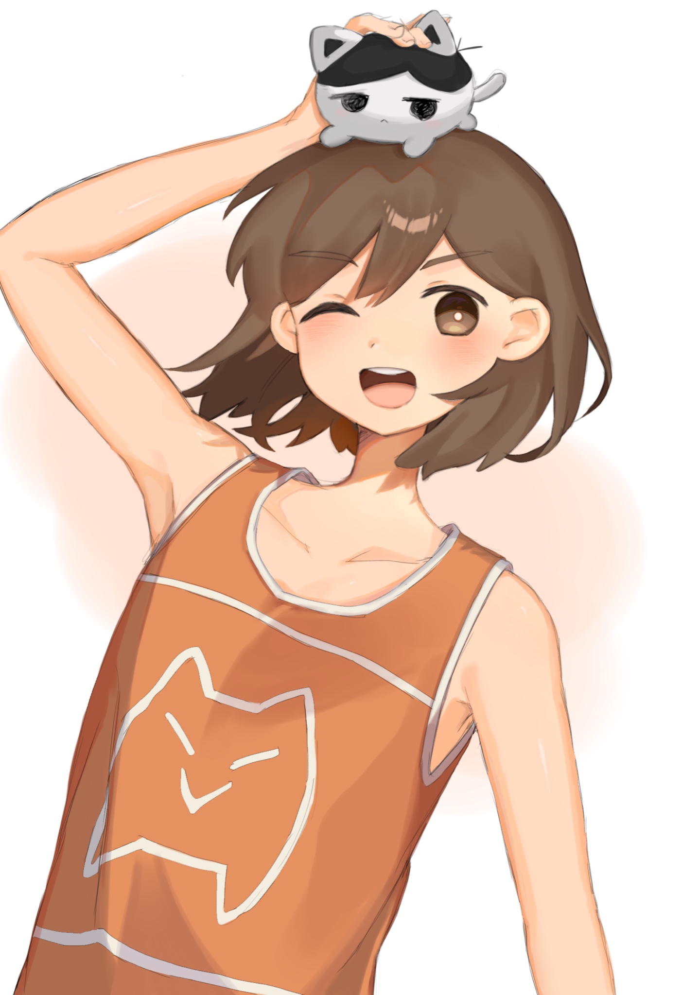 hato popo 37, kel (faraway) (omori), kel (omori), sunny (omori), omori, highres, 1boy, alternate eye color, animal, animal on head, animalization, arm up, blush, bright pupils, brown eyes, brown hair, cat, collarbone, dark-skinned male, dark skin, double-parted bangs, hair between eyes, looking at viewer, male focus, on head, one eye closed, open mouth, short hair, smile, solo, teeth, tongue, upper teeth only, white pupils