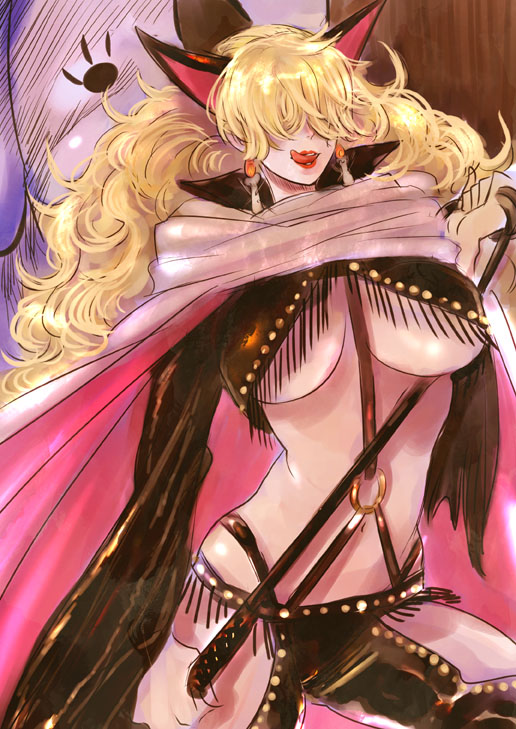 kito (coyo), minokoala, sadi-chan, one piece, 1girl, animal ears, blonde hair, breasts, candle, cape, cloak, earrings, female focus, fringe trim, hair over eyes, huge breasts, impel down, jewelry, lipstick, long hair, makeup, revealing clothes, solo, underboob, whip