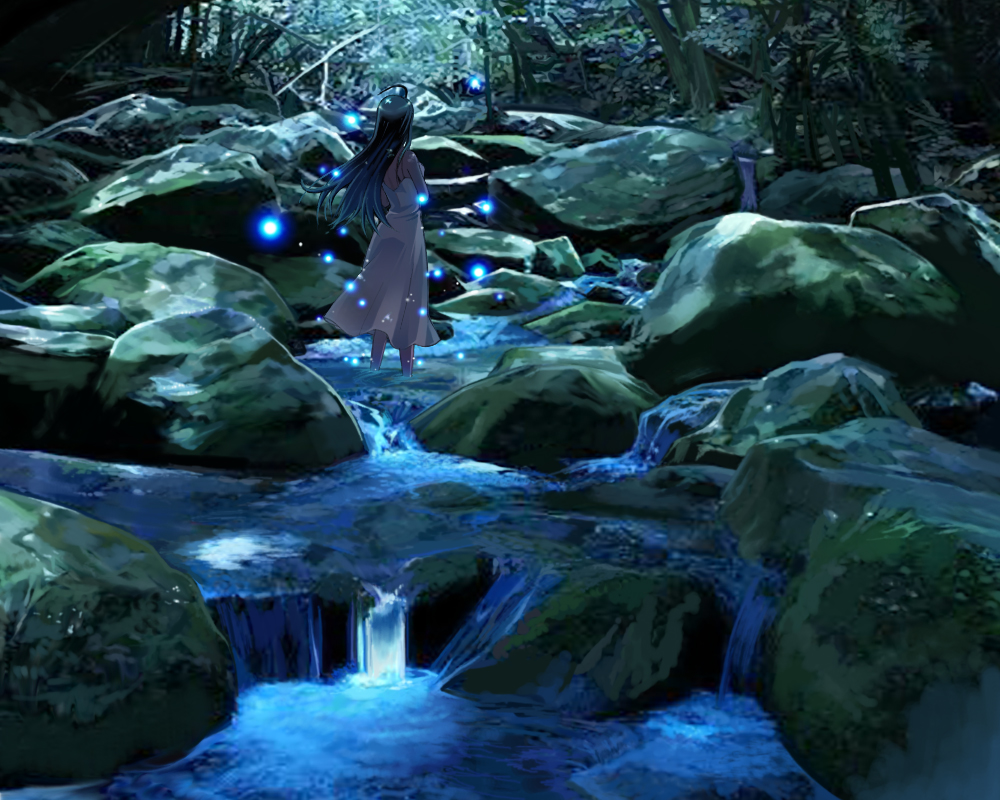 chimachi, bad id, bad pixiv id, 1girl, ahoge, blue theme, bug, dress, female focus, fireflies, firefly, green hair, insect, long hair, moss, nature, night, rock, scenery, shade, solo, stream, tree, wading, water, waterfall