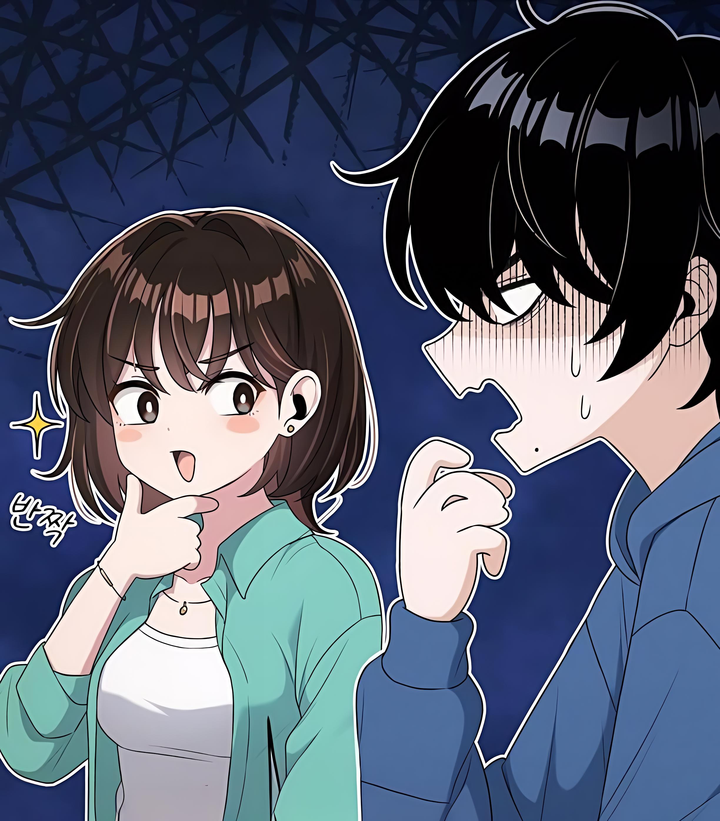 1boy, 1girl, backpack, bag, black hair, blue sweater, brown hair, couple, grey background, grey eyes, jang chae-rin, job changes log, kang donggu, medium hair, pants, sitting, sweater, talking, thinking, upper body