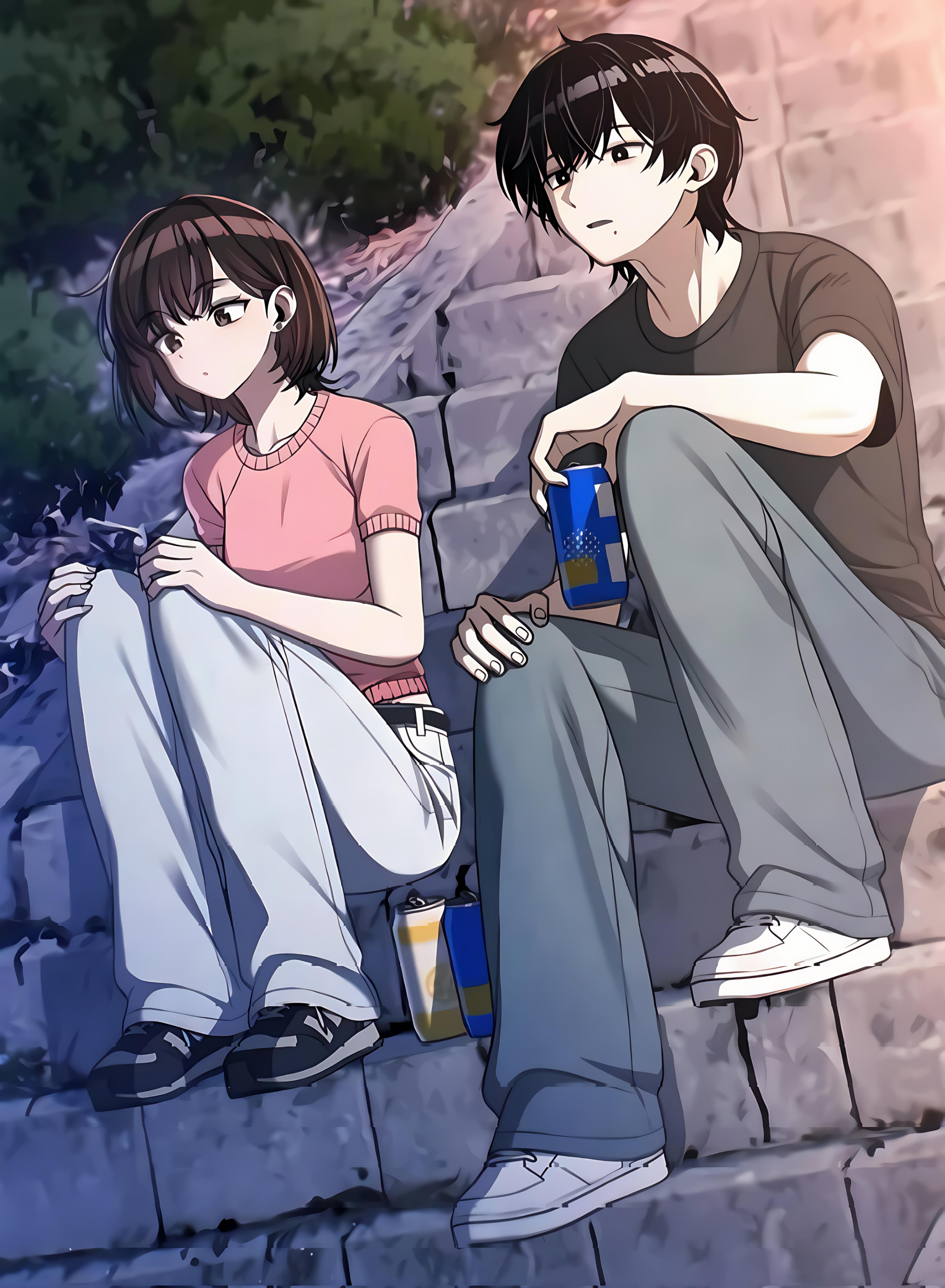 1boy, 1girl, backpack, bag, black hair, black shirt, blue pants, brown hair, couple, grey background, grey eyes, jang chae-rin, job changes log, kang donggu, medium hair, pants, pink shirt, shirt, sitting, sweater, talking, thinking
